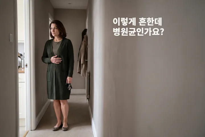 이렇게 흔한데 병원균인가요? — 한 여자가 점심 뒤 복도에서 갈비뼈 아래에 손을 대고 멈춰 선다