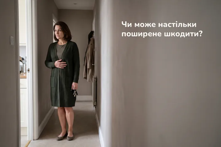 Чи може настільки поширене шкодити? — жінка спиняється в коридорі після обіду, долоня плазом під ребрами