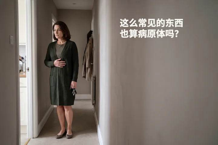 这么常见的东西也算病原体吗？ — 一位女性午饭后停在自家走廊里，一只手平贴在肋骨下方