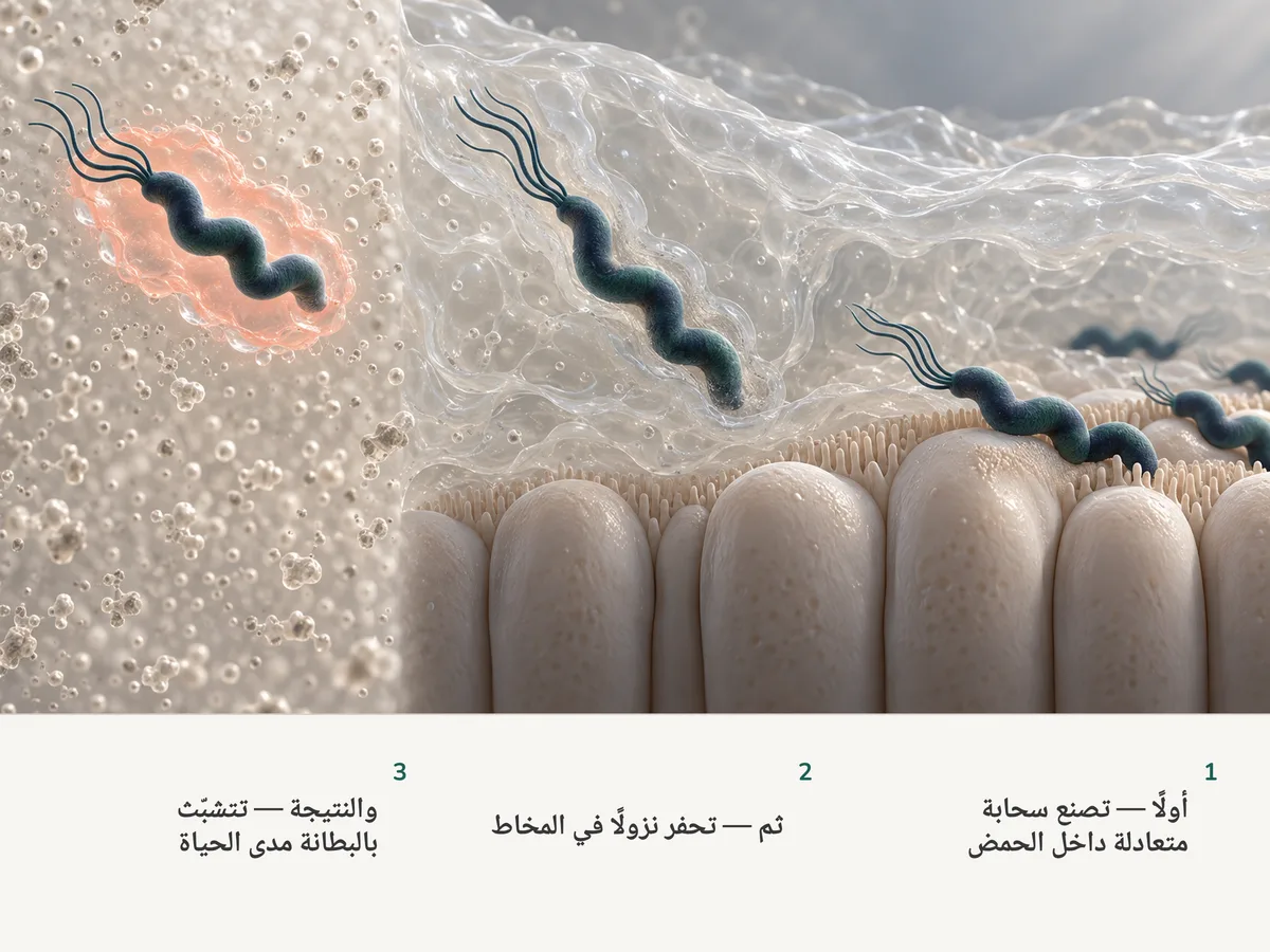 رسم توضيحي: بكتيريا حلزونية تلفّ نفسها بسحابة متعادلة صغيرة داخل حمض المعدة، ثم تحفر كالبريمة نزولًا في المخاط وتتشبّث بالبطانة إلى جانب أخريات استقرّت قبلها