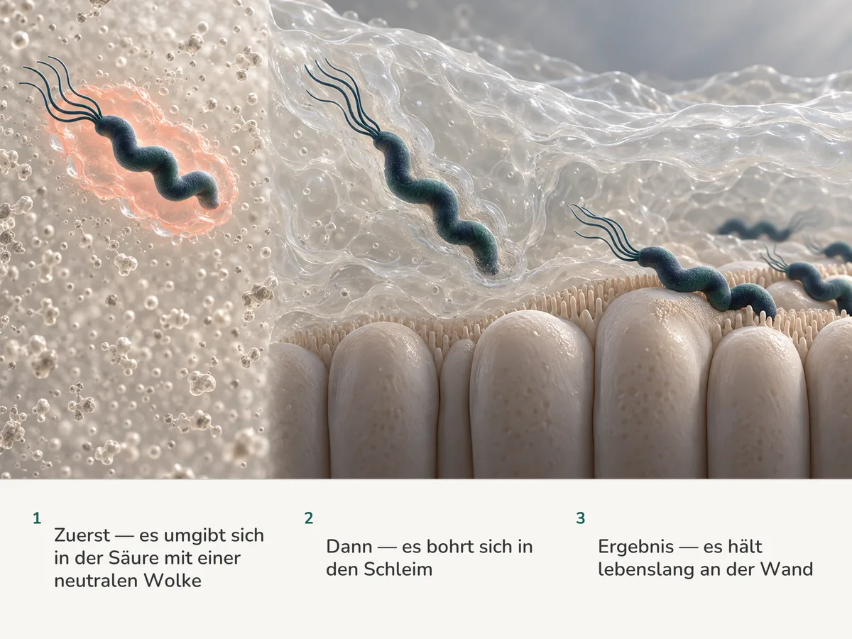 Illustration: ein schraubenförmiges Bakterium hüllt sich in der Magensäure in eine kleine neutrale Wolke, bohrt sich in den Schleim hinab und heftet sich neben bereits angesiedelten an die Schleimhaut