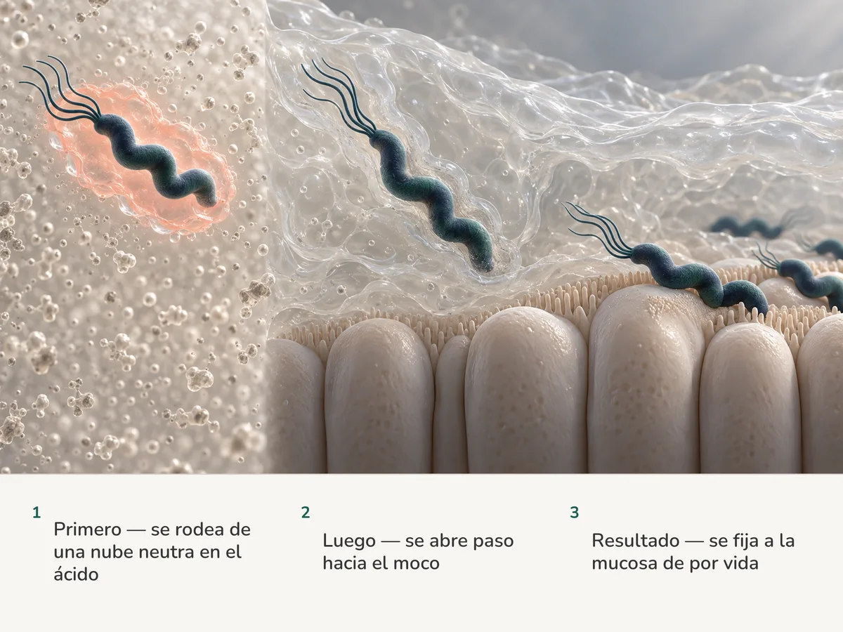 Ilustración: una bacteria en espiral se envuelve en una pequeña nube neutra dentro del ácido del estómago, se abre paso a rosca hacia el moco y se fija a la mucosa junto a otras ya asentadas