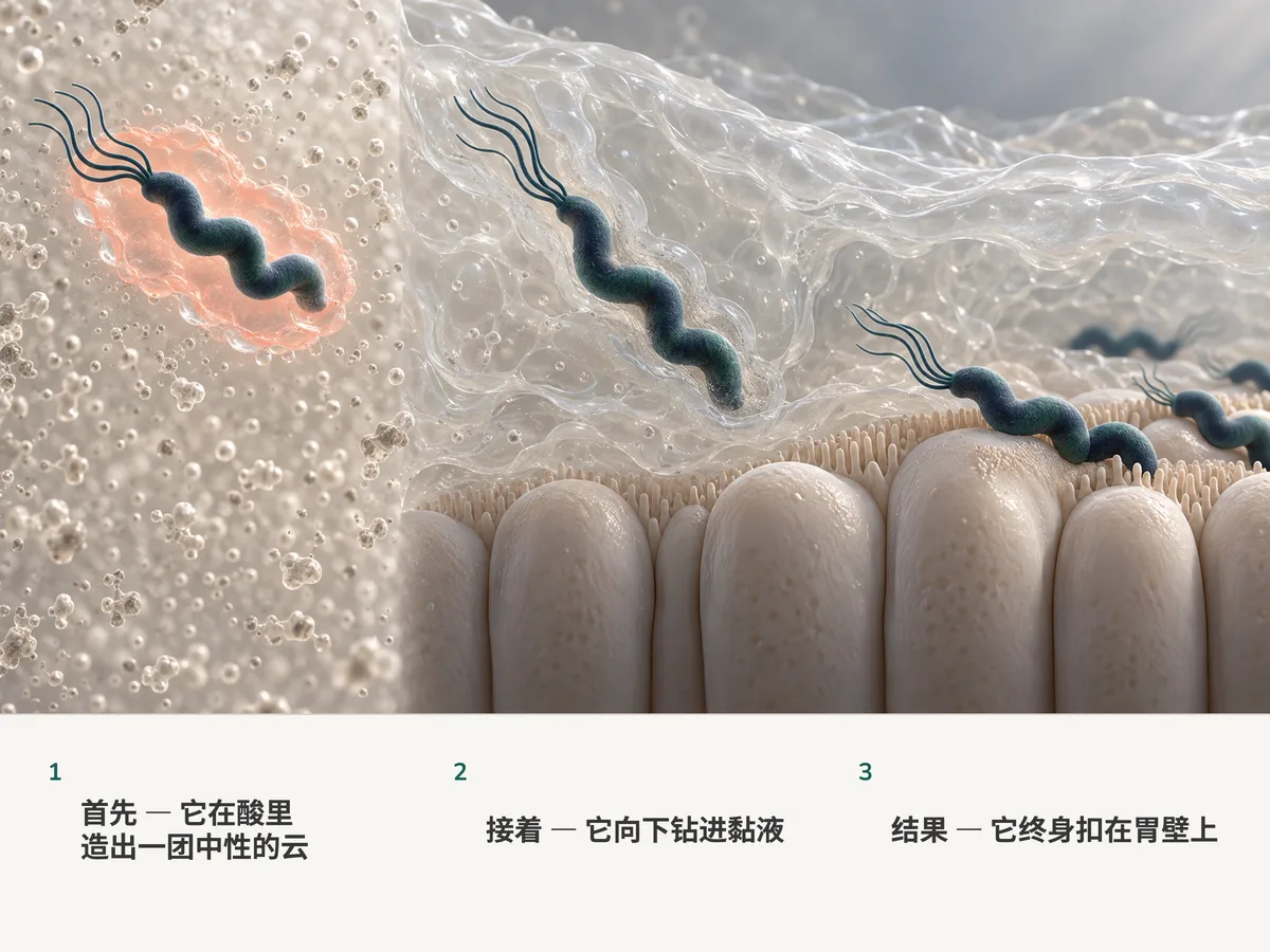 插画：一个螺旋形细菌在胃酸里把自己裹进一小团中性的云雾，像螺丝一样向下钻进黏液，在已经定居的同伴旁边扣住胃壁