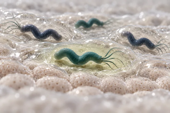Illustration: schraubenförmige Bakterien mit einem Geißelbüschel an einem Ende liegen im Schleim über der Magenschleimhaut, eines in einer klaren Blase