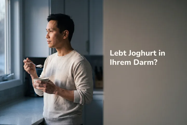 Lebt Joghurt in Ihrem Darm? — ein Mann isst im ersten Licht Naturjoghurt an der Küchenzeile