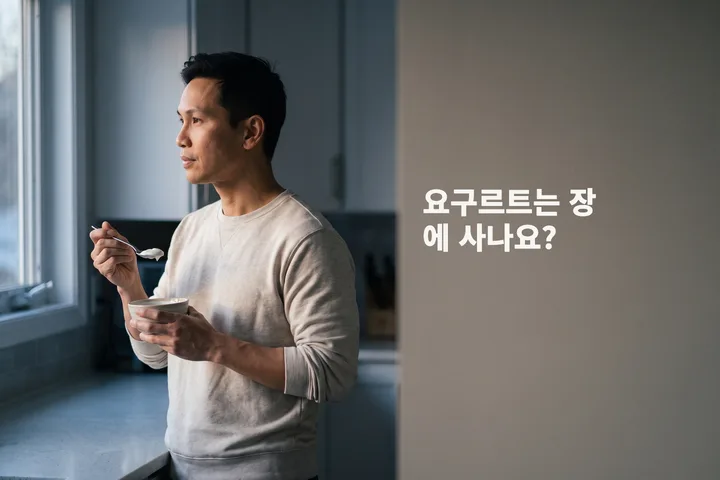 요구르트는 장에 사나요? — 한 남자가 이른 아침 빛 속에서 주방 조리대에 서서 플레인 요구르트를 먹는다