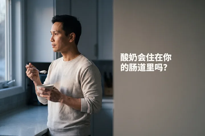 酸奶会住在你的肠道里吗？ — 一个男人在清晨第一缕光里站在厨房台前吃原味酸奶