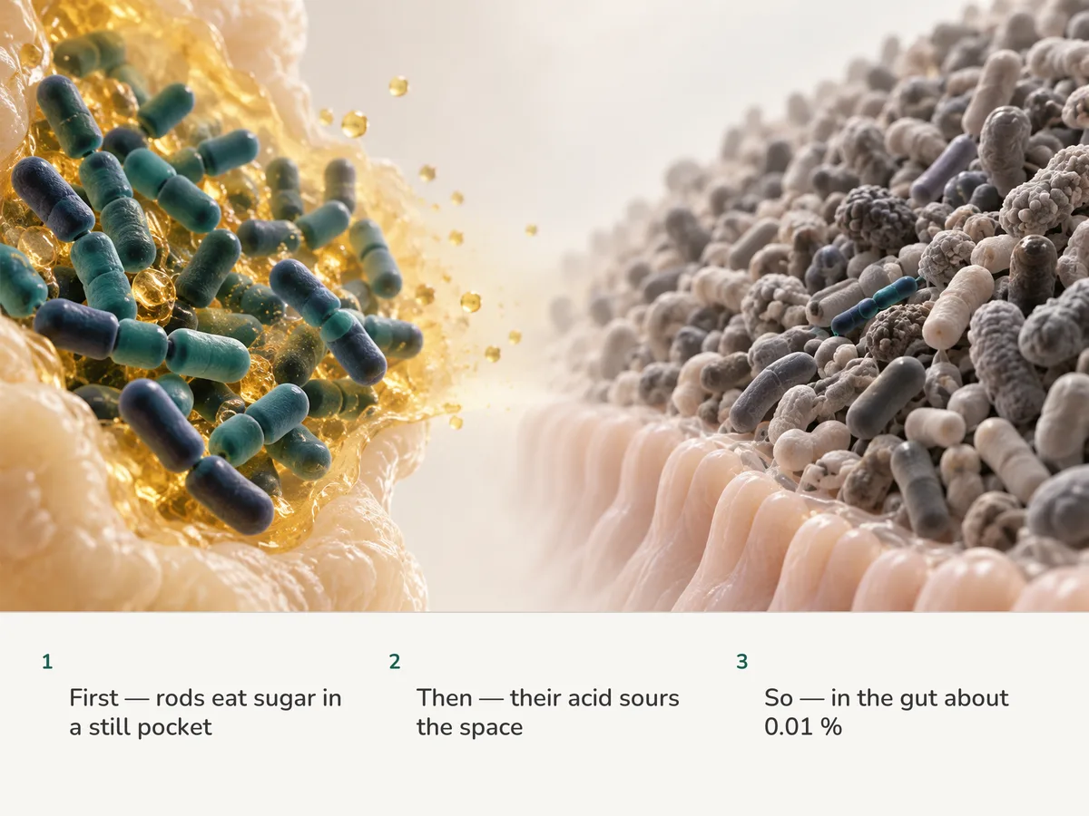 Illustration: Lactobacillus rods crowd a sour, gold-tinged pocket on the left, while on the gut lining at right one small chain sits among countless other bacteria