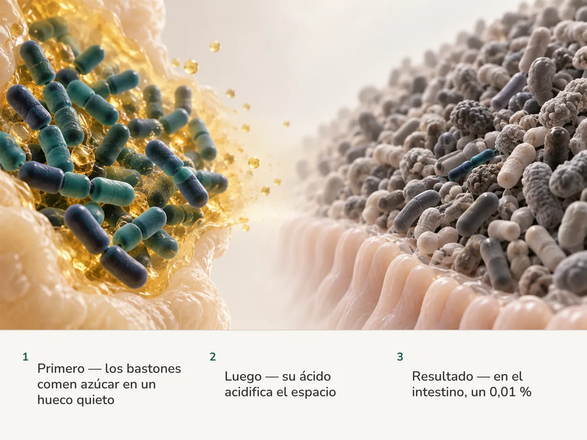 Ilustración: a la izquierda los bastones de Lactobacillus se apiñan en un hueco ácido con tonos dorados, y a la derecha, sobre la mucosa intestinal, una cadena pequeña queda entre incontables bacterias más