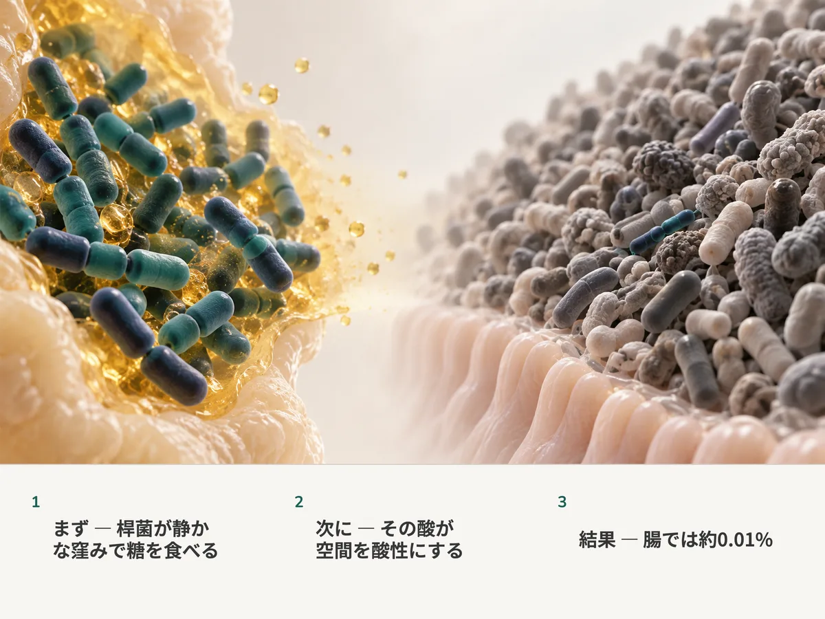 イラスト：左では酸っぱく金色を帯びた窪みにLactobacillusの桿菌がひしめき、右の腸の粘膜では同じ菌の小さな鎖ひとつが無数の他の細菌に紛れている