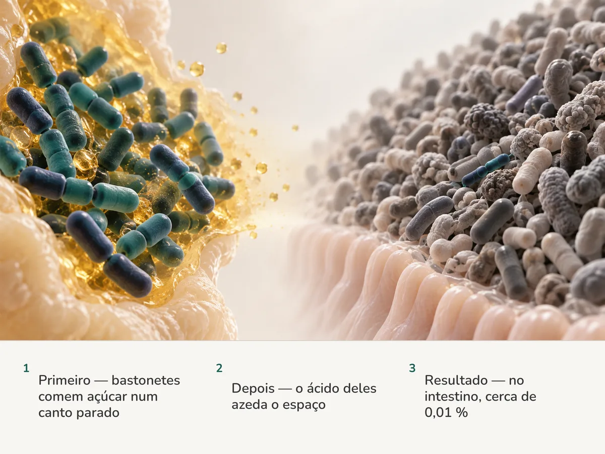 Ilustração: à esquerda os bastonetes de Lactobacillus se amontoam num canto ácido de tom dourado e, à direita, sobre a mucosa intestinal, uma cadeia pequena fica entre incontáveis outras bactérias