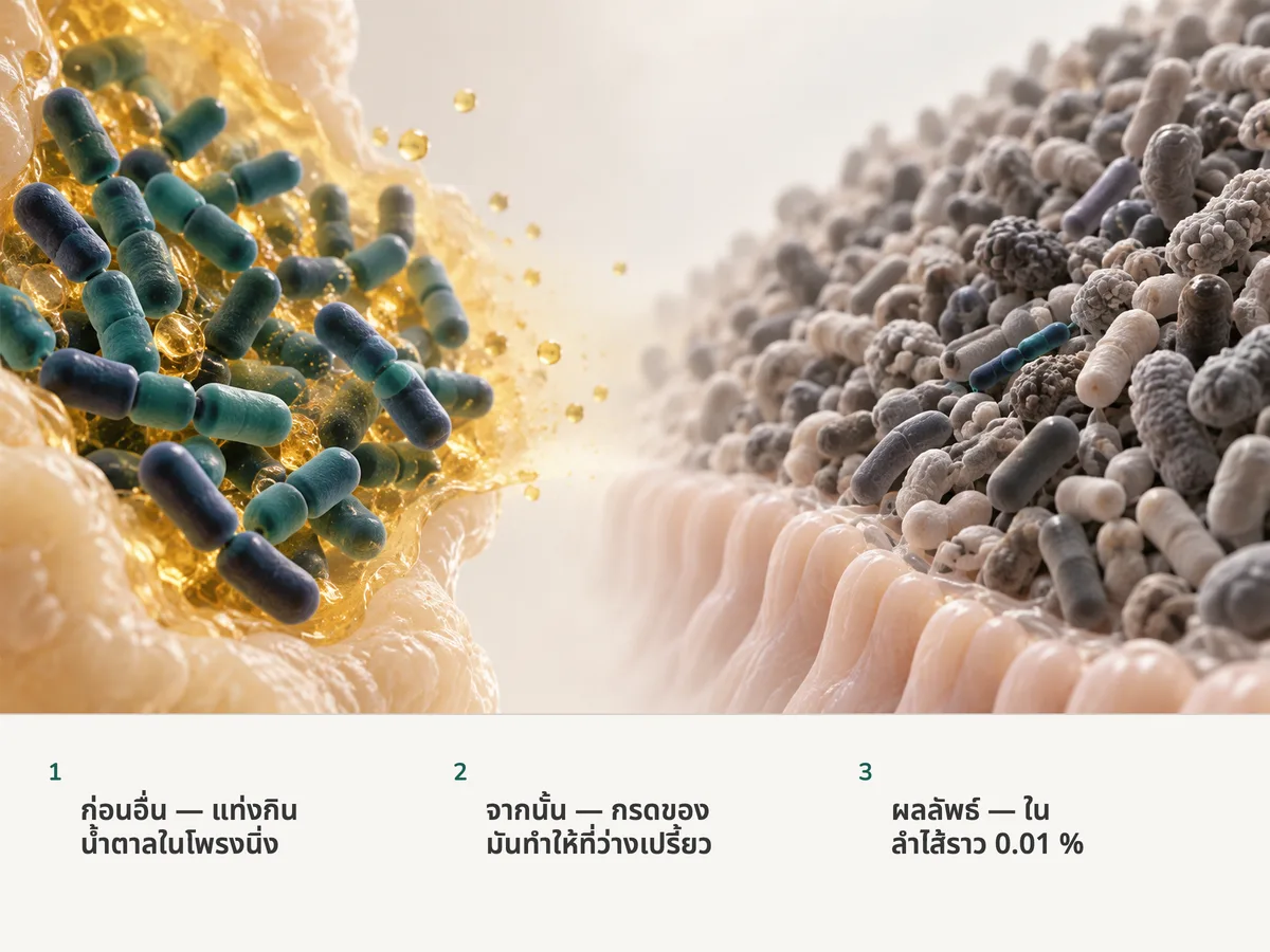 ภาพประกอบ: ด้านซ้าย แท่ง Lactobacillus เบียดกันอยู่ในโพรงเปรี้ยวที่มีประกายสีทอง ด้านขวา บนเยื่อบุลำไส้ มีโซ่เล็ก ๆ เพียงโซ่เดียวแทรกอยู่ท่ามกลางแบคทีเรียอื่นนับไม่ถ้วน