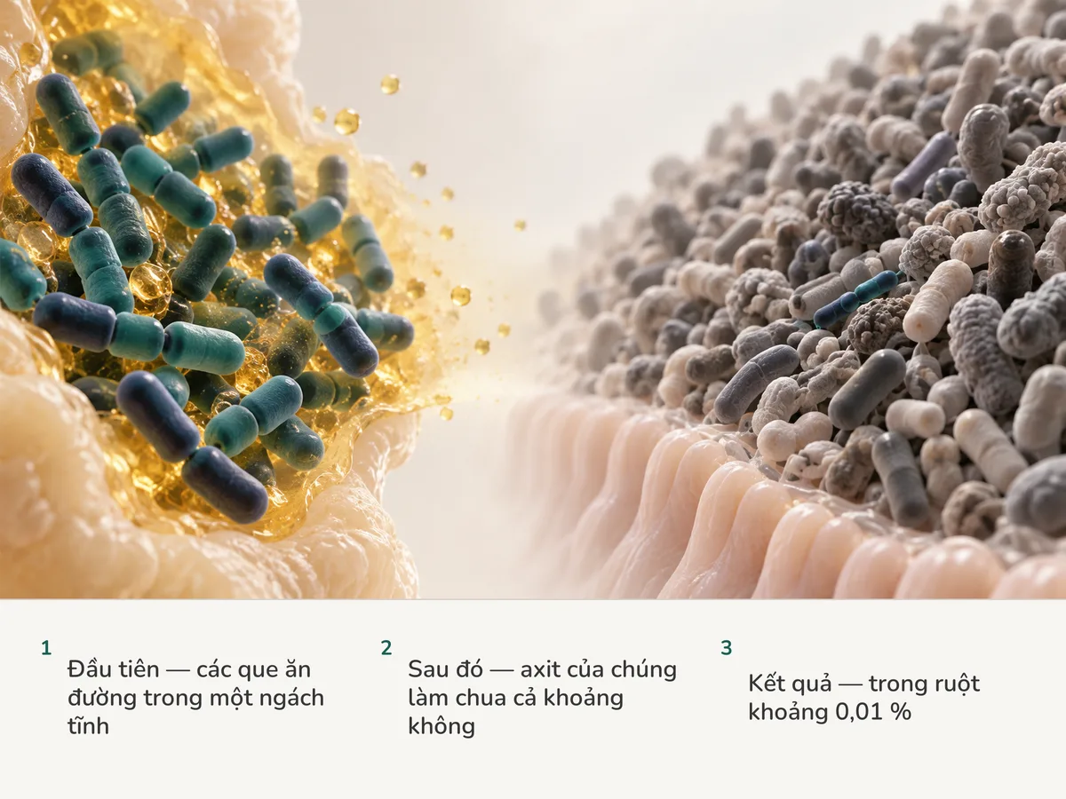 Minh họa: bên trái, các que Lactobacillus chen chúc trong một ngách chua ánh vàng; bên phải, trên niêm mạc ruột, một chuỗi nhỏ lọt giữa vô số vi khuẩn khác