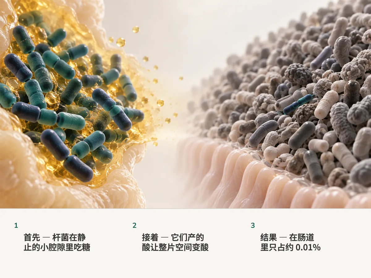 插画：左边，Lactobacillus 杆菌挤在一个泛着金色的酸性小腔隙里；右边，在肠道黏膜上，一条小小的菌链夹在数不清的其他细菌之间