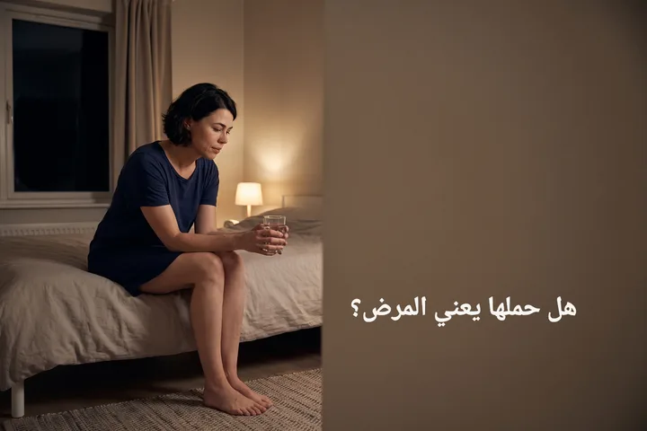 هل حملها يعني المرض؟ — امرأة تجلس على حافة سريرها ليلاً وكوب ماء بين يديها
