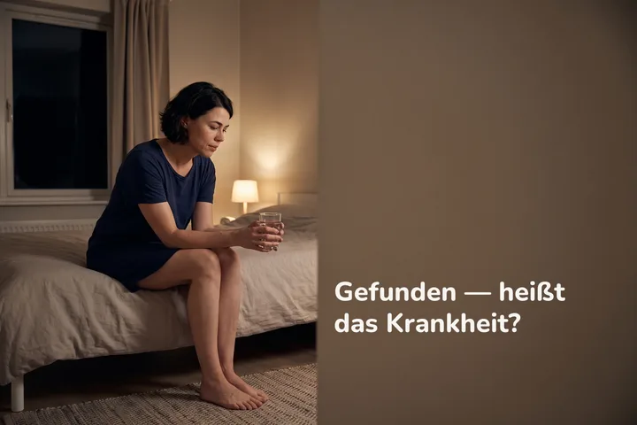 Gefunden — heißt das Krankheit? — eine Frau sitzt nachts auf der Bettkante, ein Glas Wasser in beiden Händen