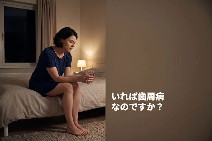 いれば歯周病なのですか? — 夜、女性がベッドの端に座り、両手でコップの水を持っている
