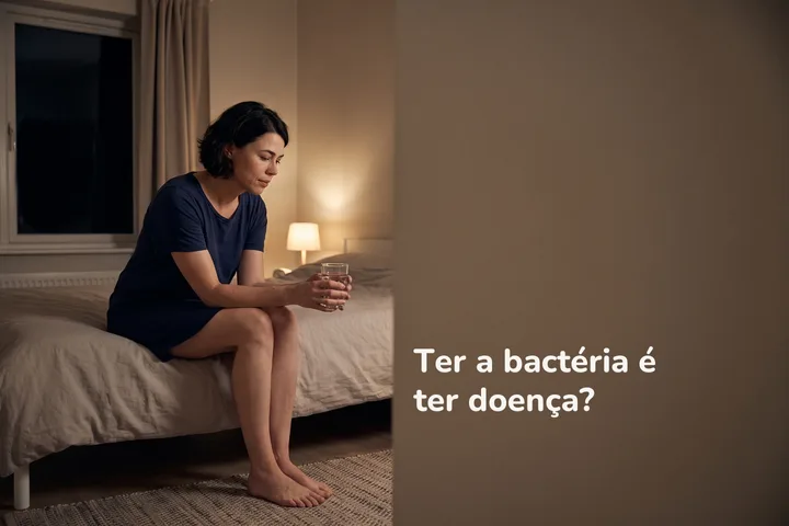 Ter a bactéria é ter doença? — uma mulher sentada na beira da cama à noite, um copo de água nas duas mãos