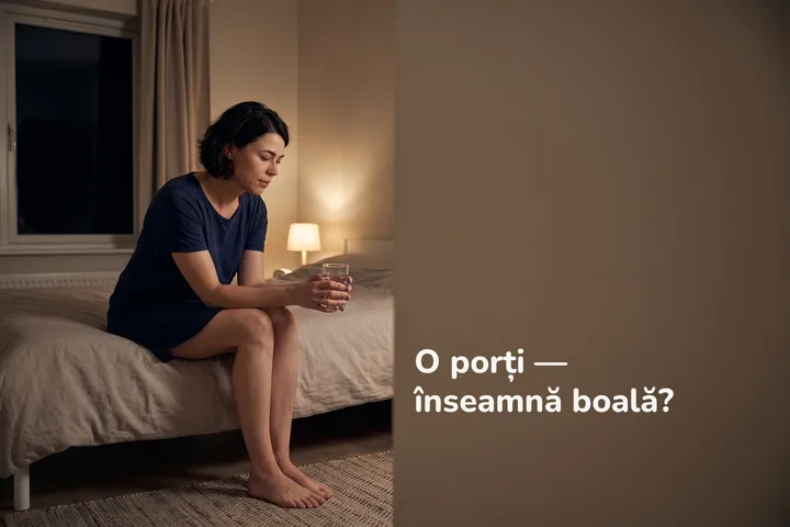 O porți — înseamnă boală? — o femeie stă pe marginea patului noaptea, cu un pahar de apă în ambele mâini