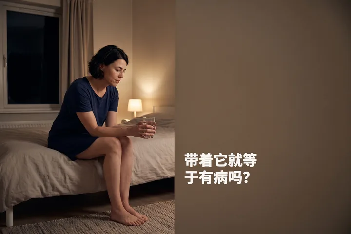 带着它就等于有病吗？ — 一位女性夜里坐在床沿，双手捧着一杯水