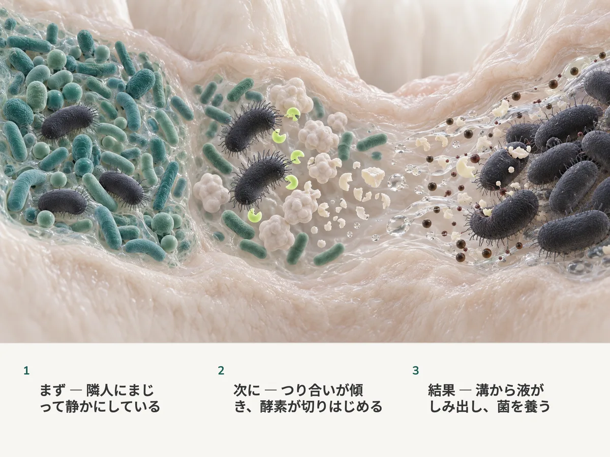イラスト：混ざり合ったバイオフィルムの窪みに、ふっくらした濃い色の桿菌が横たわる。集団が傾くと酵素を放って防御のタンパク質を切り刻み、しみ出す液がこの菌の餌になる