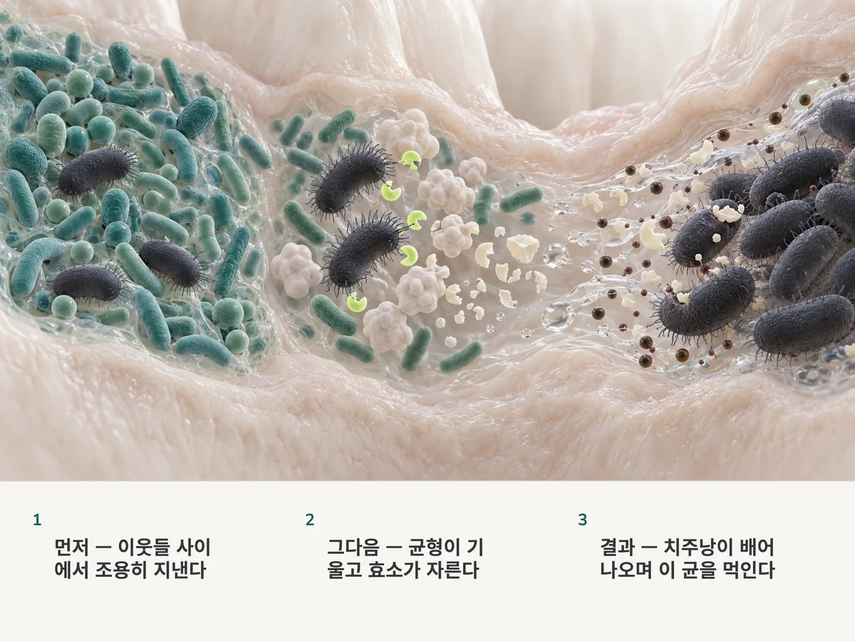 일러스트: 통통하고 어두운 막대균들이 여러 종이 섞인 치주낭 생물막 속에 놓여 있고, 군집이 기울자 방어 단백질을 잘라내는 효소를 내놓으며, 배어 나오는 액이 이들에게 먹이를 가져다준다