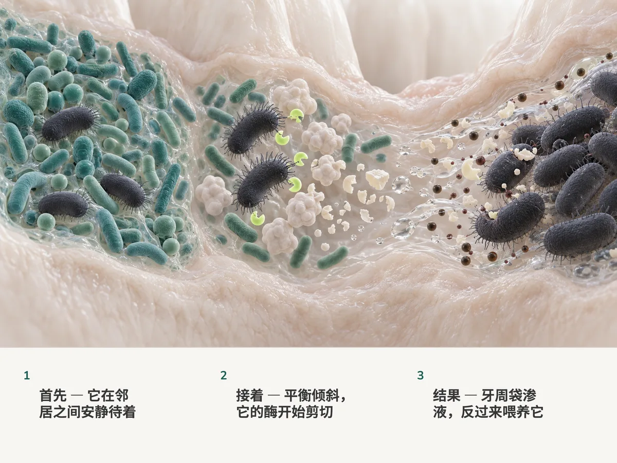 插画：饱满的深色杆菌待在一处混合的牙周袋生物膜里；随着群落失衡，它们放出把防御蛋白剪断的酶，而渗出的组织液又给它们送来食物