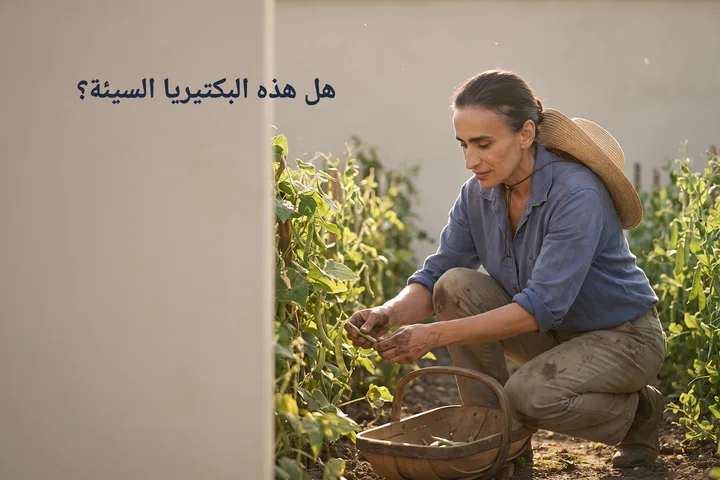 هل هذه البكتيريا السيئة؟ — امرأة تجثو عند صفوف الفاصولياء في حديقة مستأجرة تحت شمس العصر