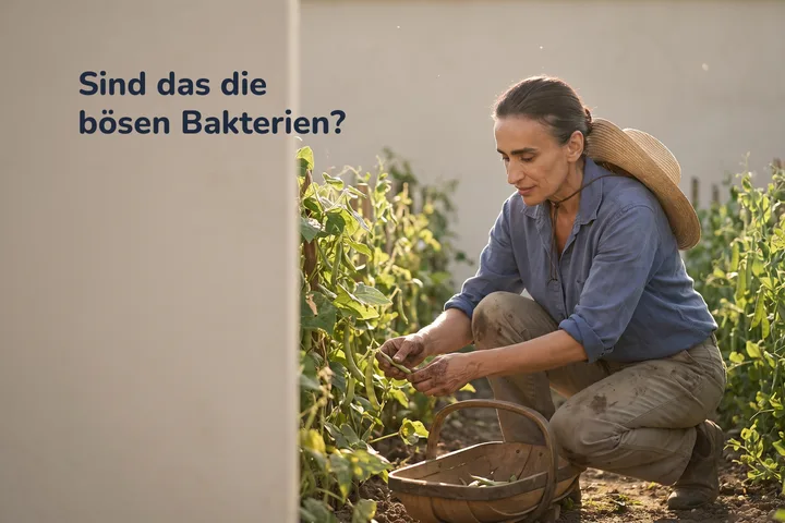 Sind das die bösen Bakterien? — eine Frau kniet in der Abendsonne vor den Bohnenreihen eines Schrebergartens