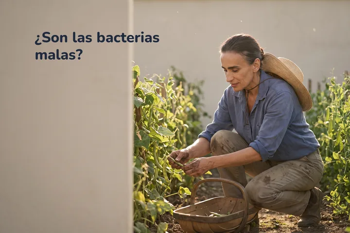¿Son las bacterias malas? — una mujer arrodillada junto a las hileras de frijol de un huerto bajo el sol de la tarde