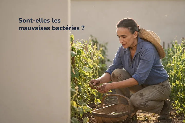 Sont-elles les mauvaises bactéries ? — une femme s'agenouille près des rangs de haricots d'un jardin ouvrier, l'après-midi