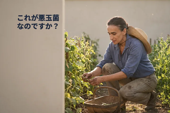 これが悪玉菌なのですか？ — 午後遅い日ざしの中、女性が市民農園の豆の畝にひざまずいている