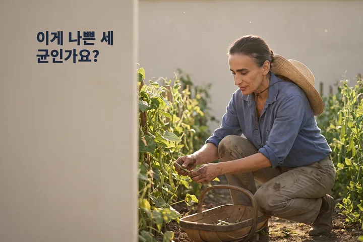 이게 나쁜 세균인가요? — 한 여자가 늦은 오후 햇빛 속 텃밭 콩 이랑 앞에 무릎을 꿇고 있다