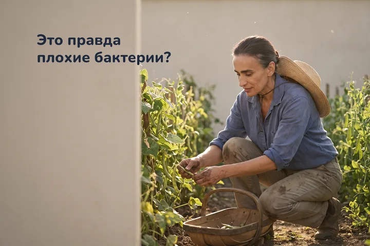 Это правда плохие бактерии? — женщина на огороде у рядов фасоли под низким вечерним солнцем