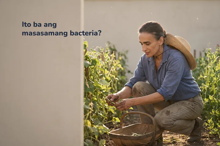 Ito ba ang masasamang bacteria? — isang babaeng nakaluhod sa hanay ng beans sa taniman sa hapon