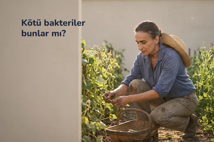 Kötü bakteriler bunlar mı? — bir kadın ikindi güneşinde bir bostanın fasulye sıralarında diz çökmüş
