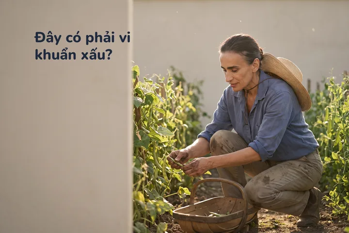 Đây có phải vi khuẩn xấu? — một phụ nữ quỳ bên những luống đậu của mảnh vườn dưới nắng chiều muộn