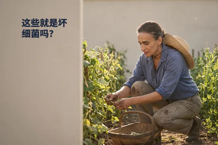 这些就是坏细菌吗？ — 一位女性在午后的阳光里跪在市民菜园的豆架行间