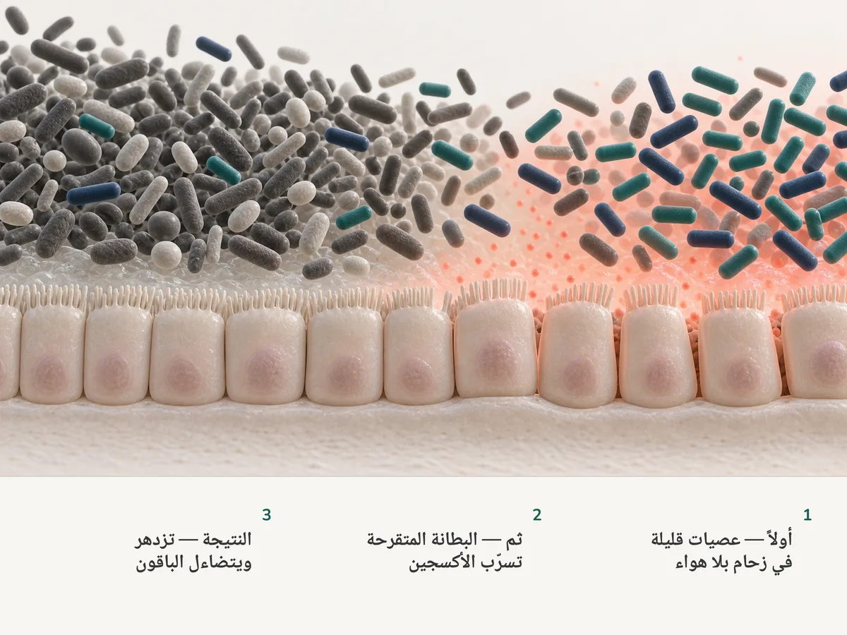 رسم توضيحي: عصيات قصيرة قليلة تعيش بين كثير من بكتيريا الأمعاء على بطانة بلا هواء؛ وحين تسرّب البطانة ضباباً خفيفاً من الأكسجين تتكاثر العصيات ويتضاءل الآخرون