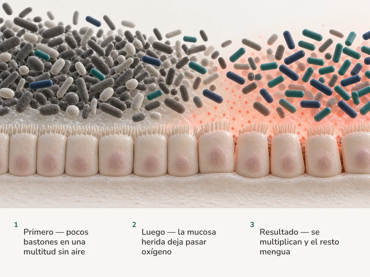 Ilustración: unos pocos bastones cortos viven entre muchas bacterias intestinales sobre una mucosa sin aire; cuando la mucosa deja escapar una leve neblina de oxígeno, los bastones se multiplican y los demás menguan