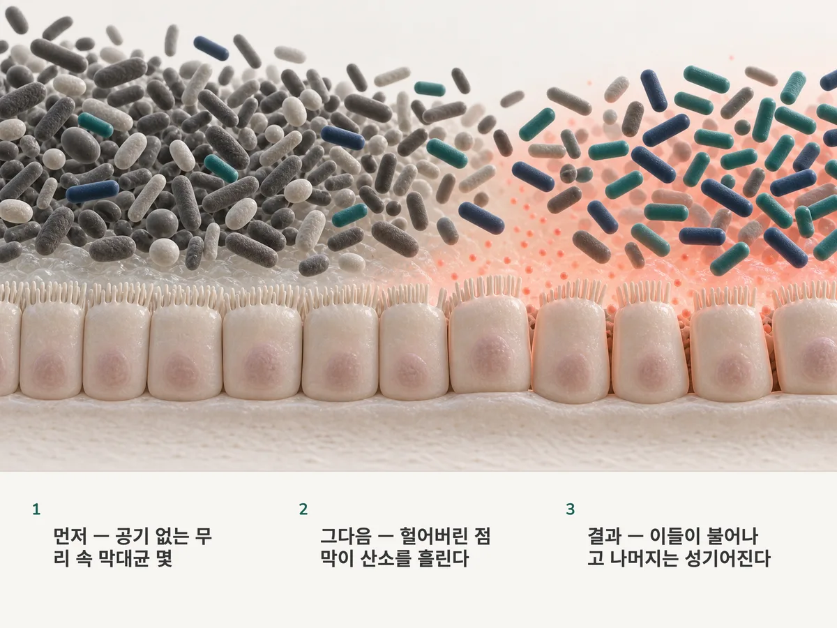 일러스트: 공기가 없는 점막 위에서 많은 장내 세균 사이에 짧은 막대균 몇이 살고 있고, 점막이 옅은 산소 아지랑이를 새어 내자 그 막대균이 불어나며 나머지는 성기어진다