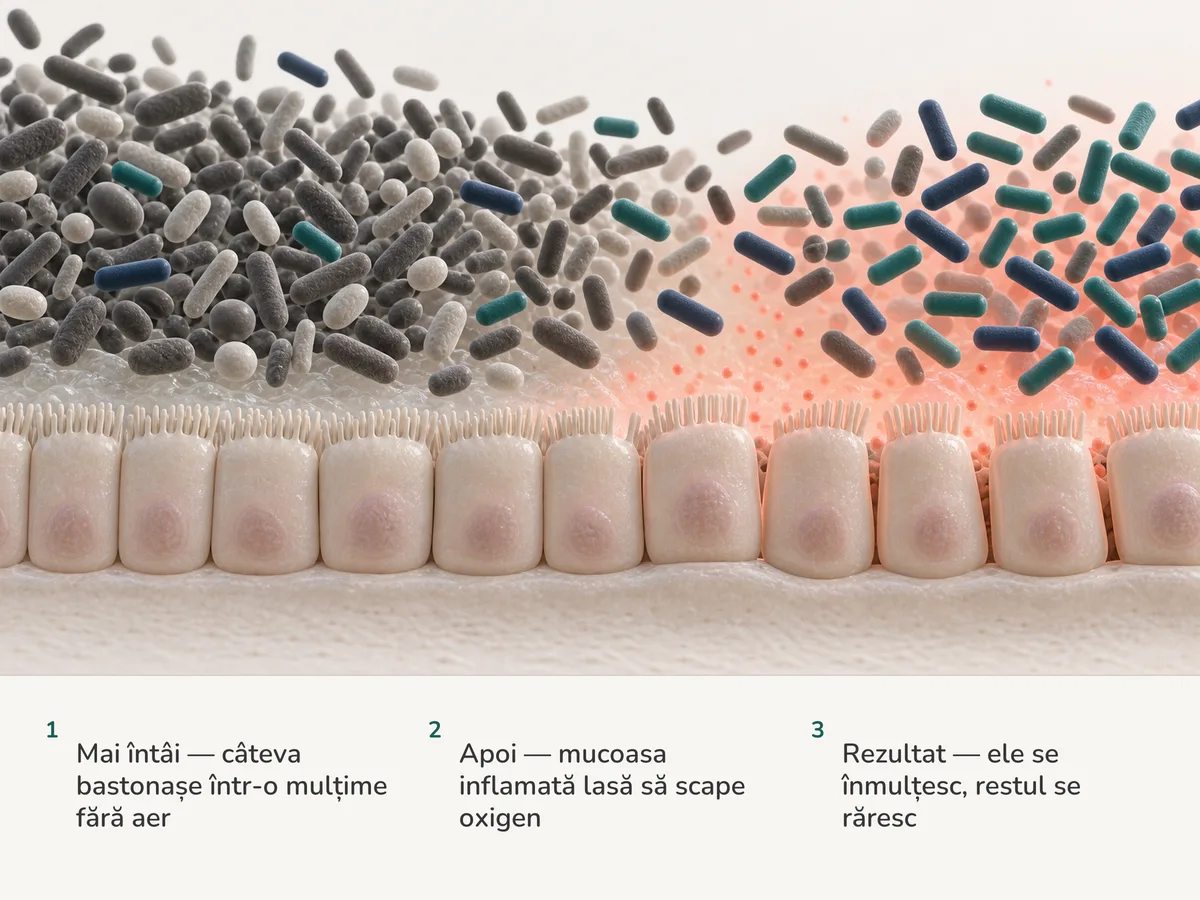 Ilustrație: câteva bastonașe scurte trăiesc printre multe bacterii intestinale pe o mucoasă fără aer; când mucoasa lasă să scape o ceață slabă de oxigen, bastonașele se înmulțesc, iar celelalte se răresc