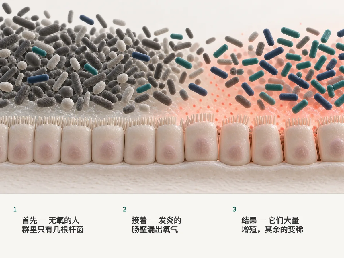 插画:几根短杆菌生活在无氧肠壁上众多肠道细菌之间;当肠壁渗出一层淡淡的氧气雾时,这些杆菌大量增殖,其余的则稀疏下去