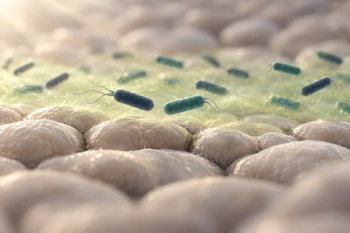 Ilustración: bacterias cortas en forma de bastón se agrupan en una neblina verde lima justo por encima de las células redondeadas de la mucosa intestinal