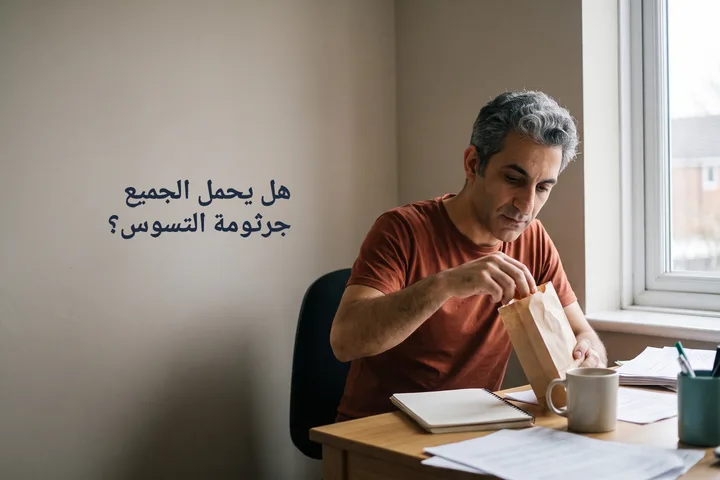 هل يحمل الجميع جرثومة التسوس؟ — شاب يأخذ حلوى من كيس ورقي عند مكتبه