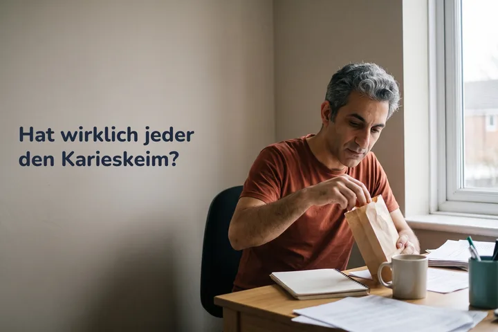 Hat wirklich jeder den Karieskeim? — ein junger Mann nimmt am Schreibtisch ein Bonbon aus einer Papiertüte