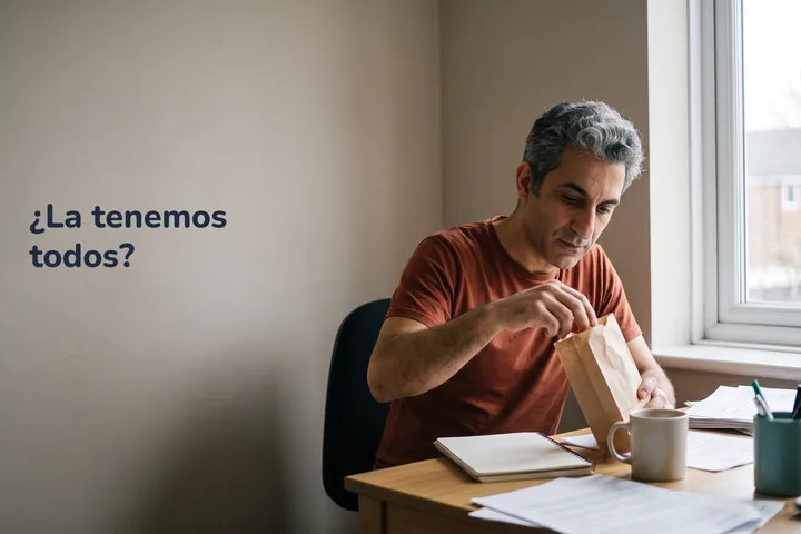 ¿La tenemos todos? — un joven toma un dulce de una bolsa de papel en su escritorio