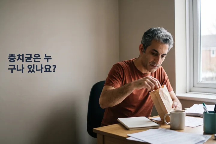 충치균은 누구나 있나요? — 젊은 남자가 책상에서 종이봉투에 든 사탕을 하나 집는다