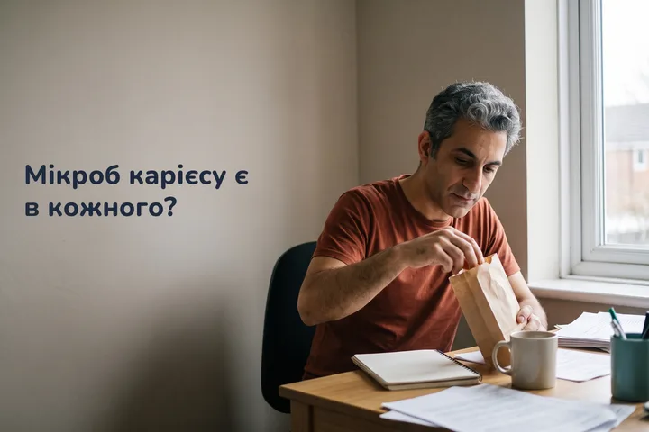 Мікроб карієсу є в кожного? — юнак бере цукерку з паперового пакета за робочим столом