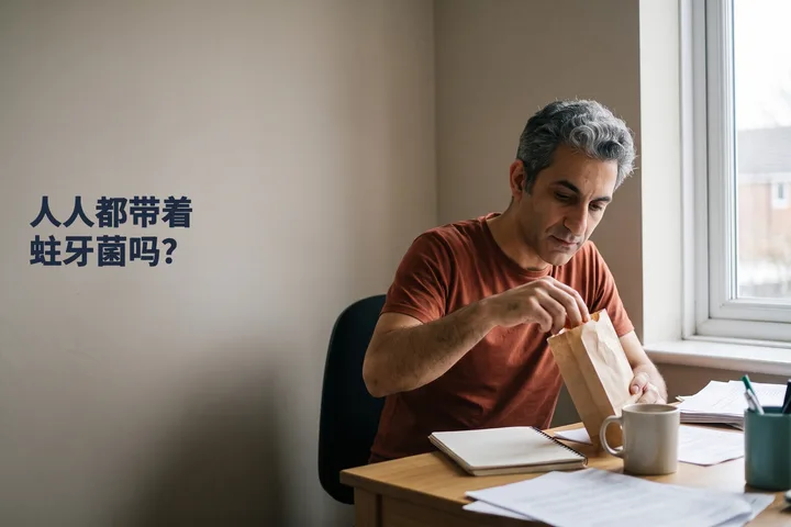 人人都带着蛀牙菌吗？ — 一个年轻男人在办公桌前从纸袋里取出一颗糖